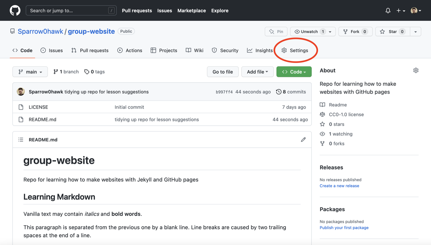 Repository ‘Settings’ button in GitHub interface