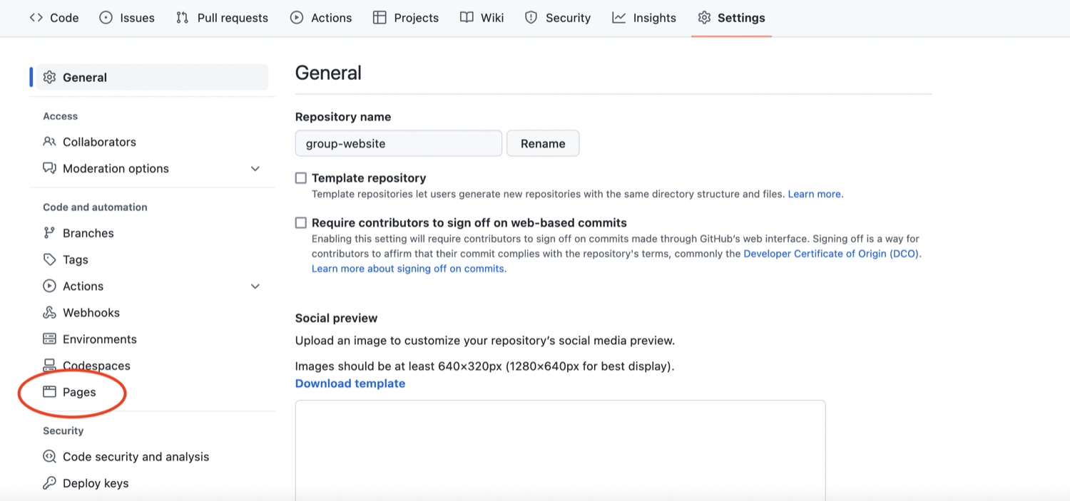 Select ‘Pages’ tab in repository settings
