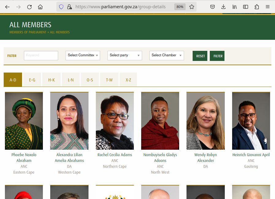 Screenshot of the South African Parliament website